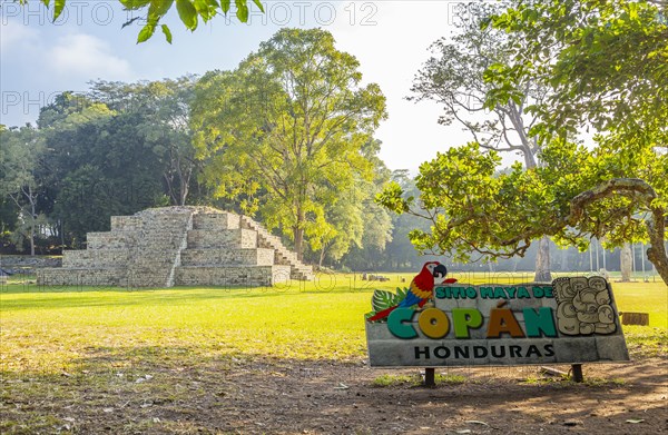 Panoramic view of the Mayan pyramids in The temples of Copan Ruinas and their natural environment. Honduras