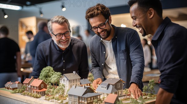 Real estate agent discussing with a male gay couple A new housing development model on the table in front of them. generative AI