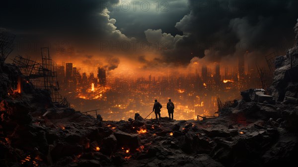 Soldiers surveying the landscape amidst explosions in a war torn city. generative AI