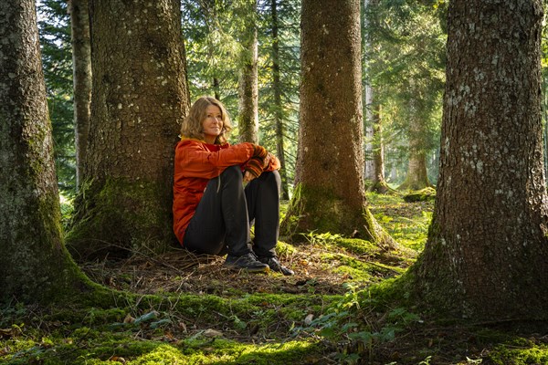 A woman sits relaxed in a park landscape or forest landscape