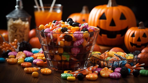 Pumpkins and halloween candy treats on A table. generative AI