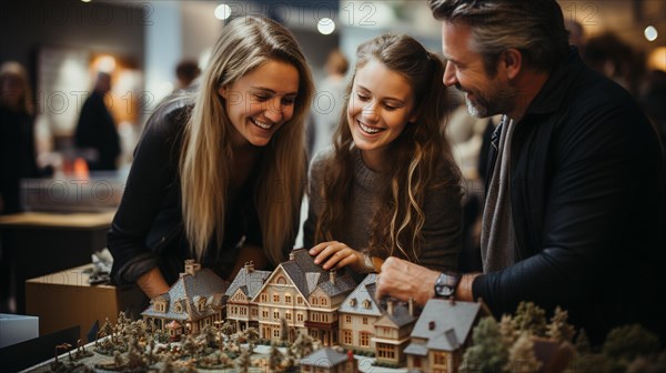 Real estate agent discussing with a young adult couple A new housing development model on the table in front of them. generative AI