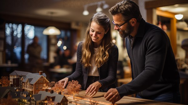 Young adult couple discussing A new housing development model on the table in front of them. generative AI