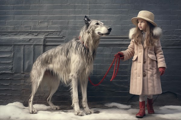 Three years old girl wearing winter clothes leading on a leash a huge Russian Wolfhound in an urban environment