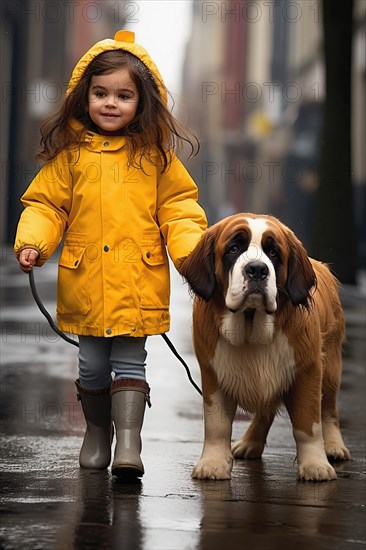 Eight years old girl wearing a yellow raincoat and hat walking in a street side by side with a huge Saint Bernadin dog