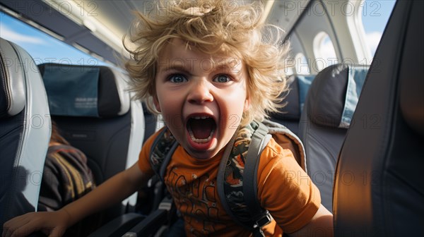 Irate child causing mayhem on an airplane bothering everyone on board. generative AI