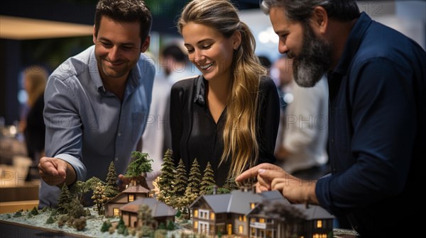 Real estate agent discussing with a young adult couple A new housing development model on the table in front of them. generative AI