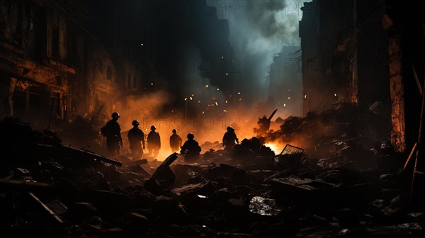 Soldiers with guns scrambling down the streets of a ravaged city amidst war. generative AI