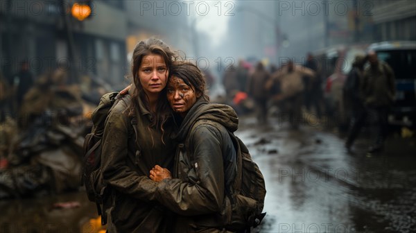 Frightened sisters embrace in the streets of their war ravaged city. generative AI