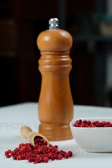 Pink peppercorns in a wooden spoon with a wooden pepper shaker isolated on a black background and copy space