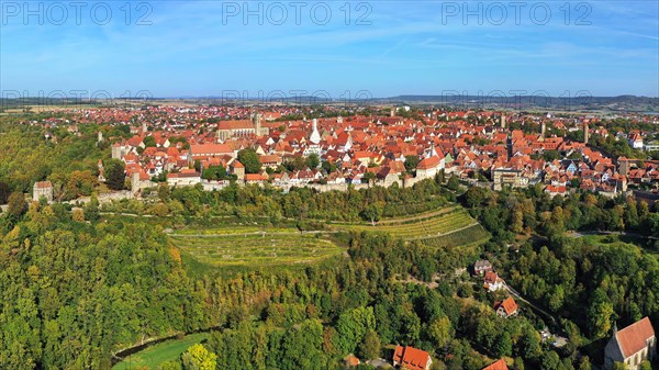 Aerial view of Rothenburg ob der Tauber with a view of the historic old town. Rothenburg ob der Tauber