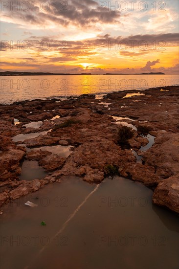 Beautiful setting on the promenade at sunset in San Antonio Abad