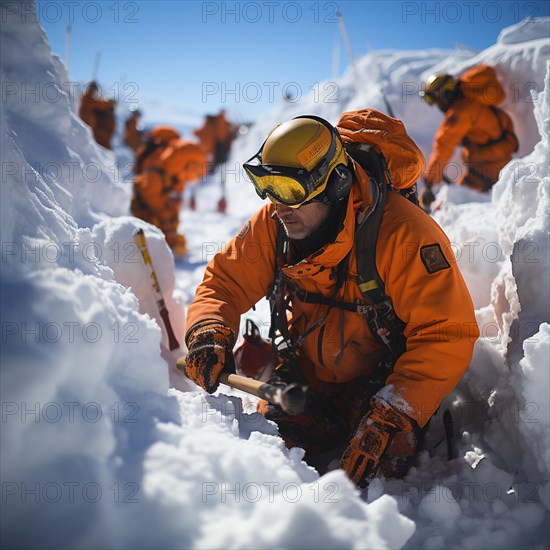 Helpers use evacuation aids to search for people buried in an avalanche