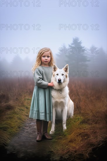 Pretty six years old girl with a green dress standing near a huge Swiss White Shepherd dog sitting in an autumnal foggy forest