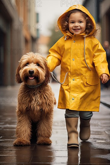 Pretty three years old girl wearing a yellow raincoat walking with a Labradoodle in an urban environment