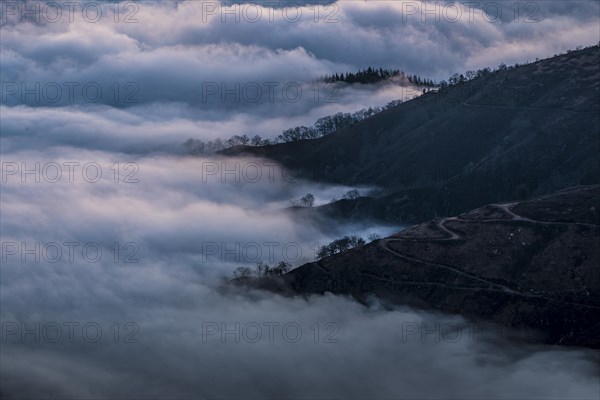 Sea of clouds from the mountain of Penas de Aya a winter morning. Basque Country