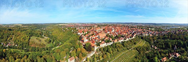 Aerial view of Rothenburg ob der Tauber with a view of the historic old town. Rothenburg ob der Tauber