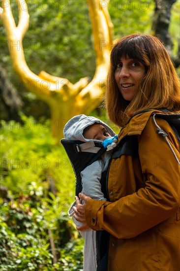 A tourist visiting the Arbre D'or in the Broceliande forest