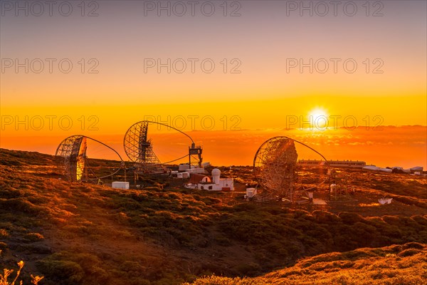 The new astronomical observatory of the Caldera de Taburiente in a beautiful orange sunset