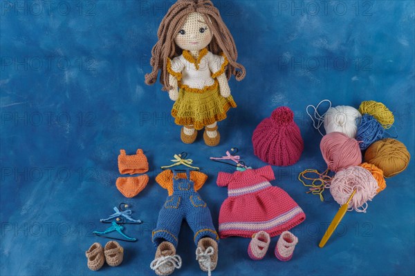 Handmade amigurumi doll with clothes and accessories