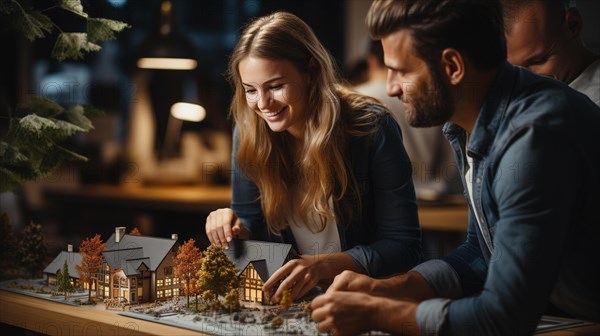 Young adult couple discussing A new housing development model on the table in front of them. generative AI