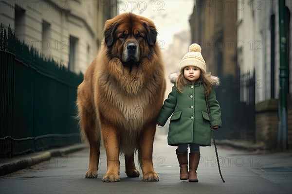 Three years old girl wearing winter clothes leading on a leash a huge Leonberger dog in an urban environment