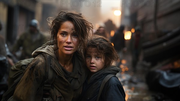 Frightened mother and young child daughter running in the streets of their war ravaged city. generative AI