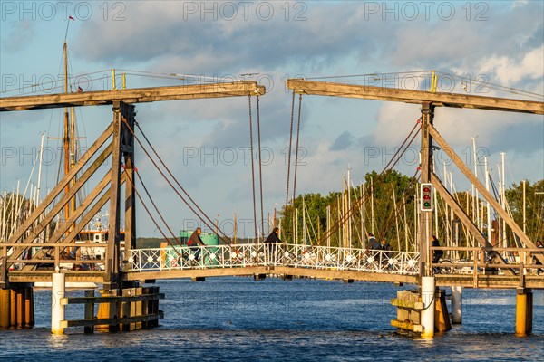 Historic Wieck wooden bascule bridge over the river Ryck