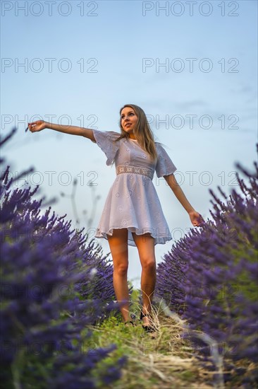 A young blonde Caucasian woman in a white dress in a cultivated lavender field in Navarra