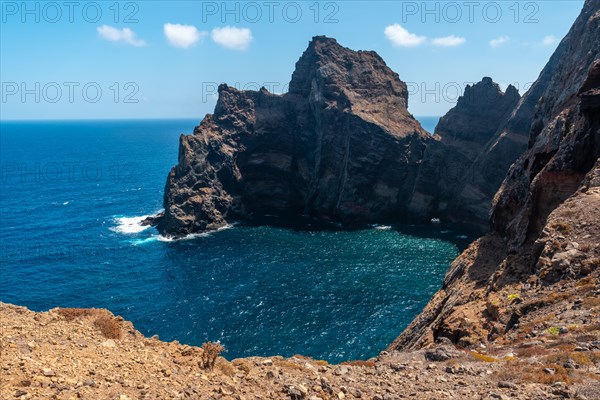 View from the viewpoint of the colorful rock formations at Ponta de Sao Lourenco