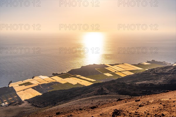 Panoramic view at sunset from the Teneguia volcano on the route of the volcanoes