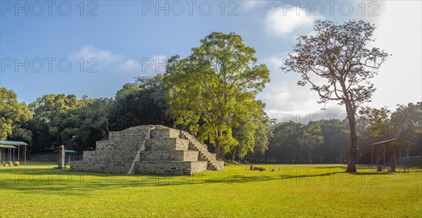 Panoramic view of the Mayan pyramids in The temples of Copan Ruinas and their natural environment. Honduras