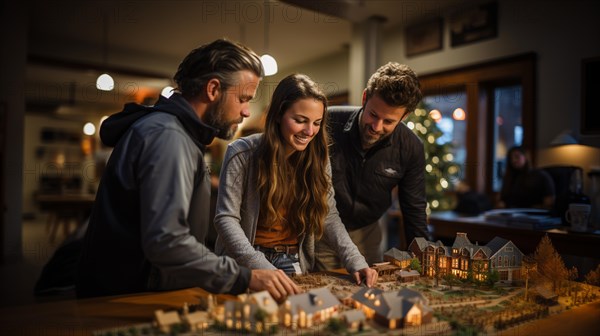 Real estate agent discussing with a young adult couple A new housing development model on the table in front of them. generative AI