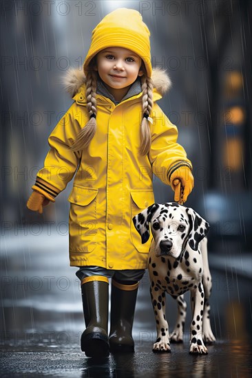 Eight years old girl wearing a yellow raincoat and hat walking in a street side by side with a Dalmatian dog