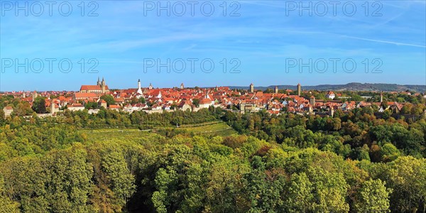 Aerial view of Rothenburg ob der Tauber with a view of the historic old town. Rothenburg ob der Tauber