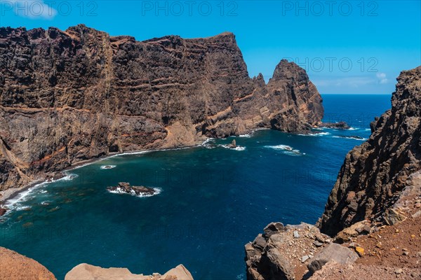 Landscape of the rock formations at Ponta de Sao Lourenco and the sea