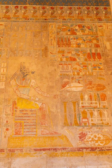 Egyptian drawings in the Mortuary Temple of Hatshepsut in Luxor. Egypt