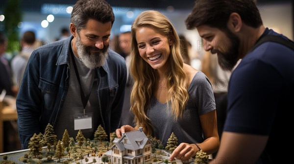 Real estate agent discussing with a young adult couple A new housing development model on the table in front of them. generative AI