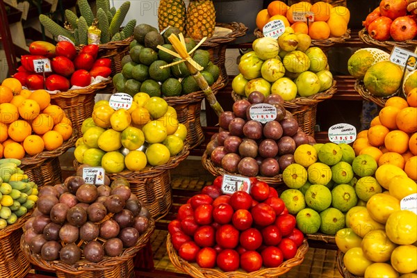 Colorful tropical fruits at the Farmers Market in Funchal city of Madeira. Portugal