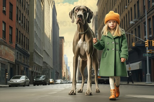 Three years old girl wearing green winter clothes leading on a leash a huge Great Dane in an urban environment