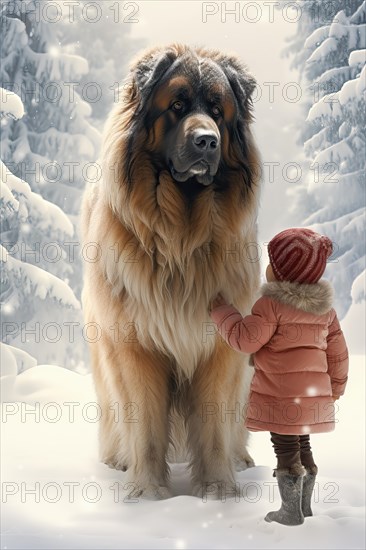 Three years old little girl wearing winter coat petting a huge Leonberger in a snowy forest environment with the dog looking down at the girl