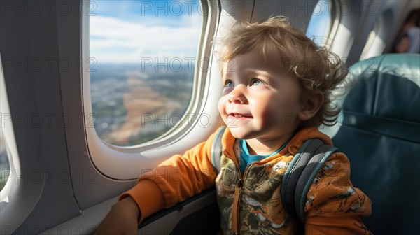 Young boy child enjoying an airplane flight. generative AI