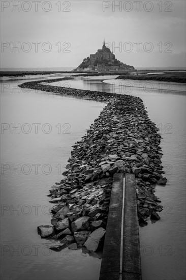 View from Point de Vue to the Abbey of Mont Saint-Michel in black and white