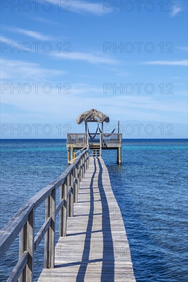 Wooden footbridge over the Caribbean Sea on Roatan Island. Honduras