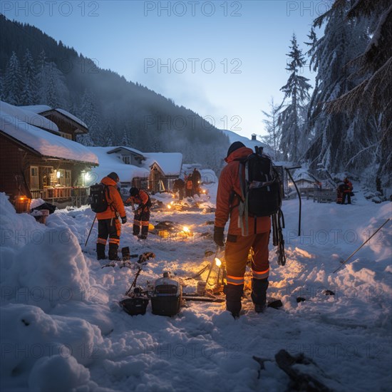 Helpers use evacuation aids to search for people buried in an avalanche