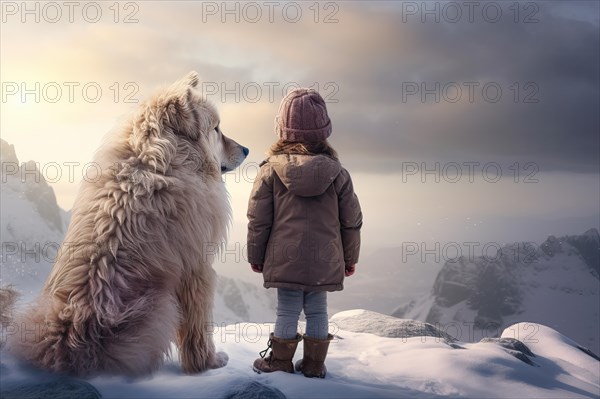 Three years old little girl wearing winter coat standing near a huge Serra da Estrela dog on a snowy mountain top