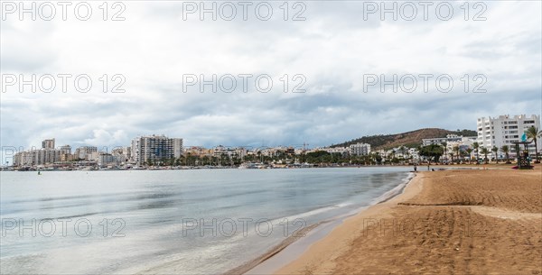 Panoramic view of the Arenal beach in the coastal town of San Antonio Abad