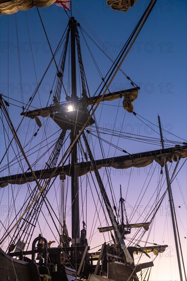 Detail of the old ship in the promenade of Muelle Uno in the Malagaport of the city of Malaga