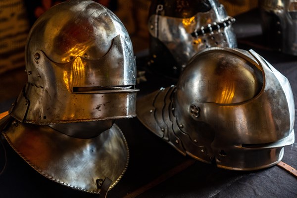 Knights and medieval armor in the castle of Fougeres. Brittany region