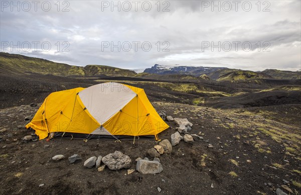 A yellow tent at the Landmannalaugar refuge for trekking. Iceland